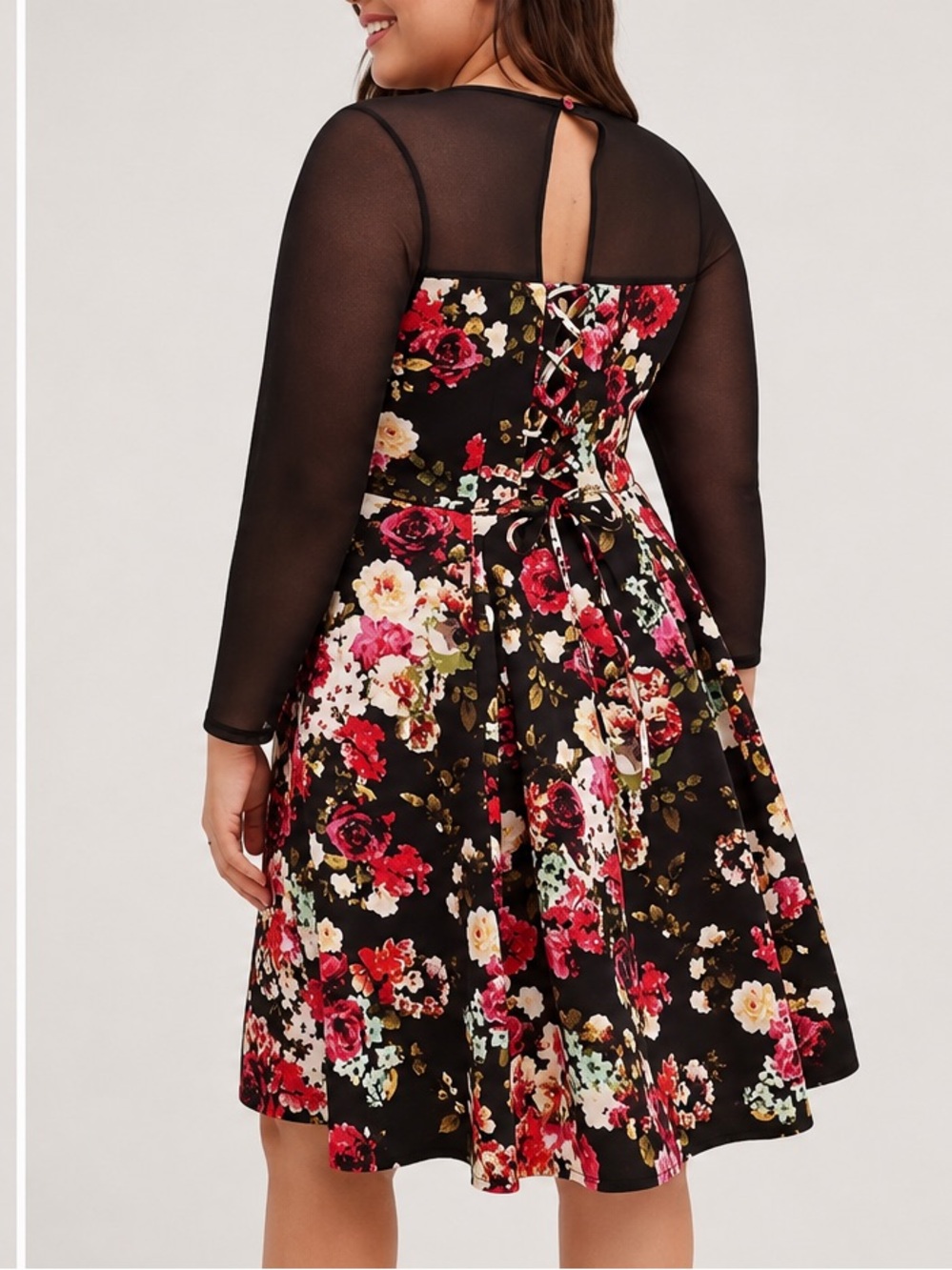 Torrid Floral Fit & Flare Floral Black Mesh Sleeve Pockets Scuba Mini Dress - Picture 2 of 11